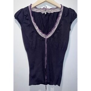KOOKAI Knit Top Womens Size 1 Purple Short Sleeve Lace Trim V Neck‎ Y2K